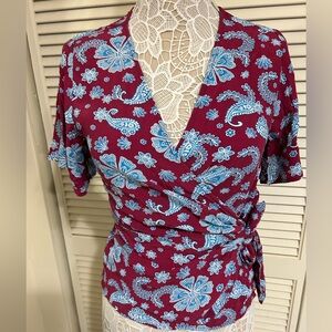 LOFT Burgundy and Blue Floral Wrap Blouse, Brand New